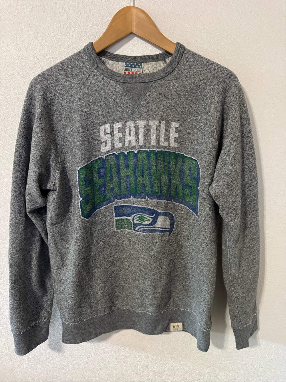 Seattle Seahawks Junk Food Crewneck Sweatshirt Heather Gray Retro Logo-Small